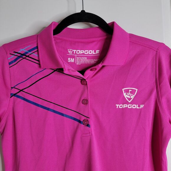 Top Golf Polo Shirt Women’s Medium Uniform Pink Blue Logo Short Sleeves Stretch - Picture 2 of 5